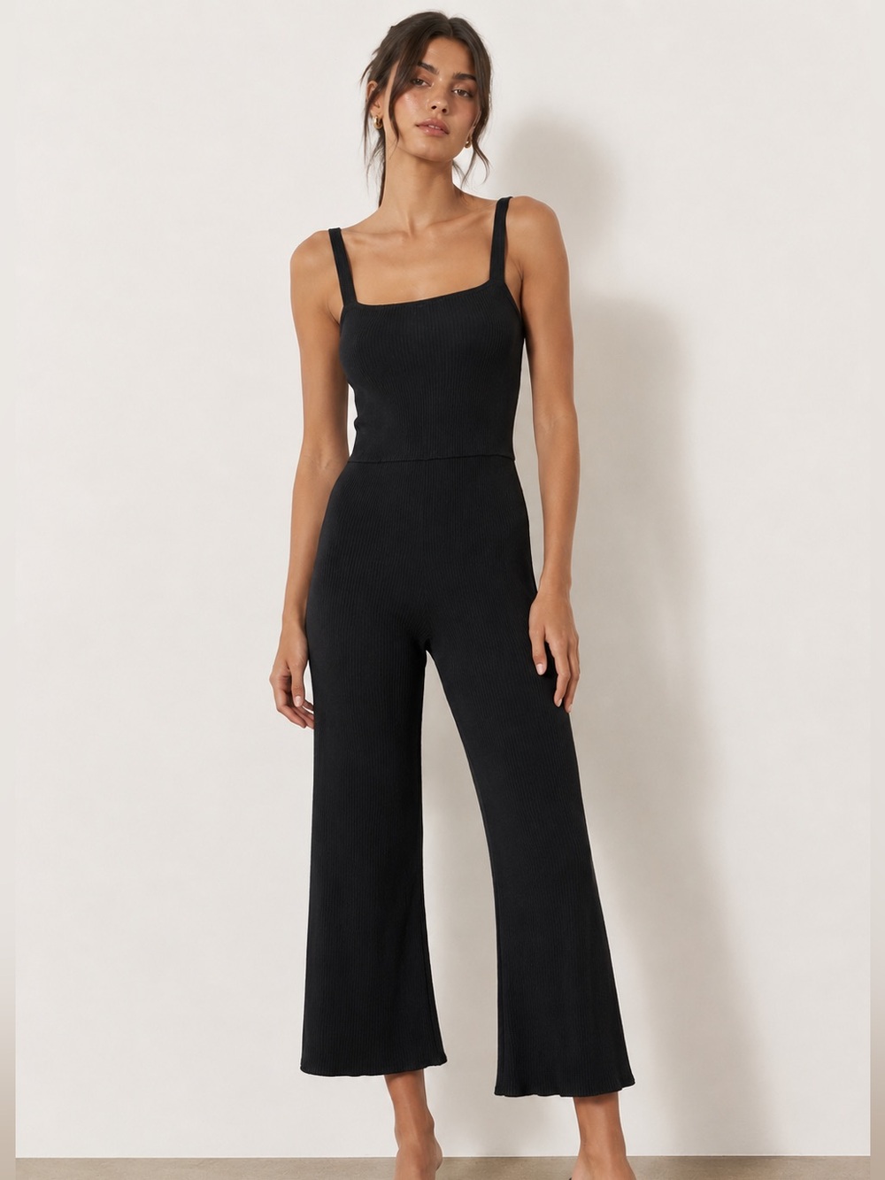Reformation Black Ribbed Cropped Jumpsuit